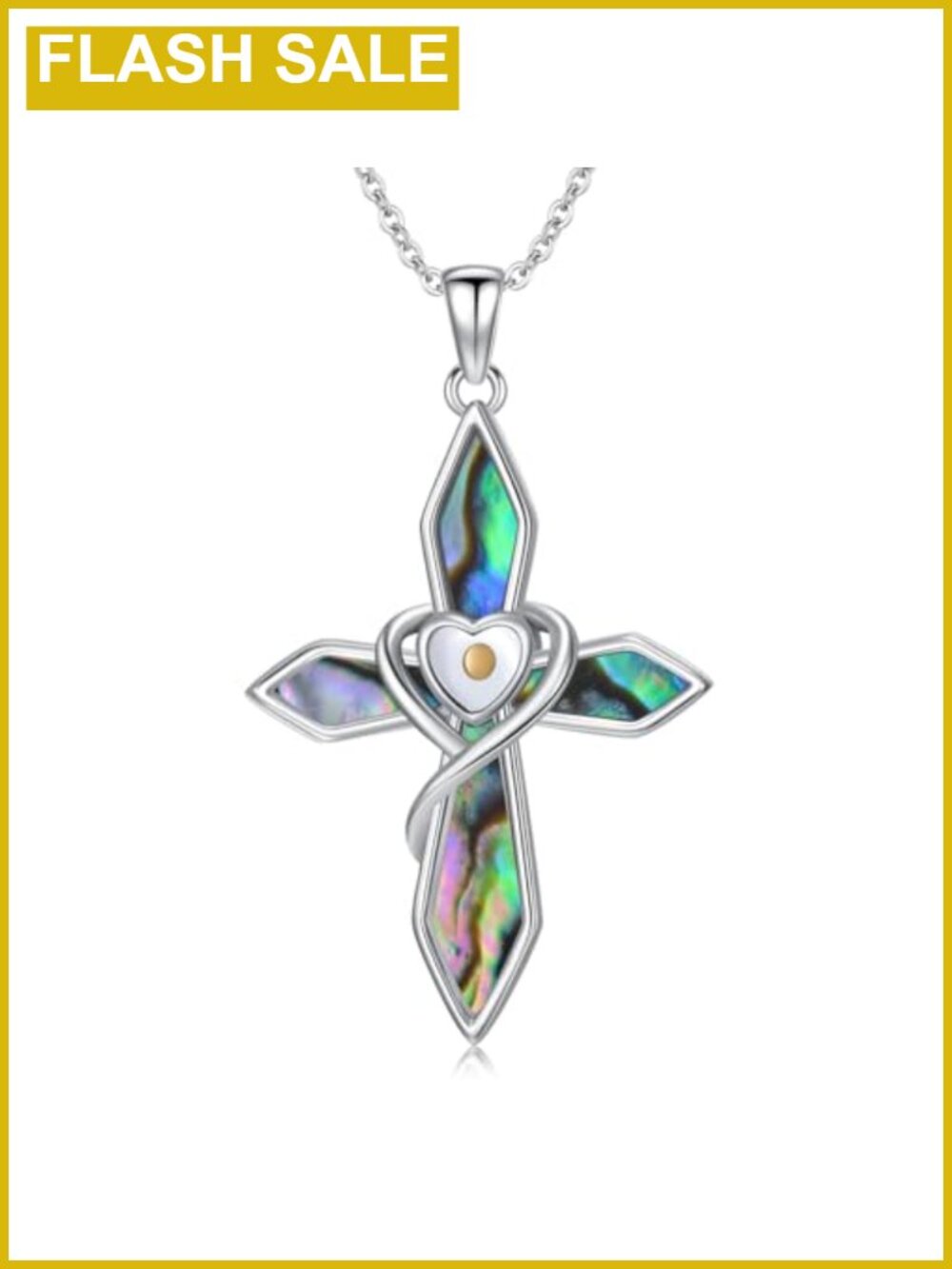 925 Sterling Silver Mustard Seed Cross Pendant Necklace Abalone Christian Gift